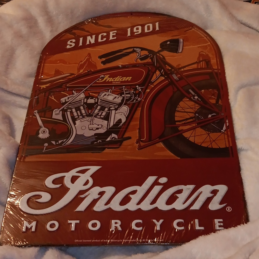 Indian Motorcycle Heavy Metal Sign in red, orange & white 17" x 11.5"
